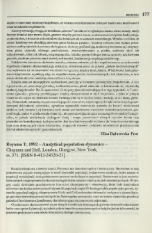 Royama T. 1992 - Analytical population dynamics - Chapman and Kall, London, Glasgow, New York, ss. 371. [ISBN 0-412-24320-21]
