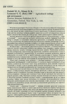 Paoletti M. G., Stinner B. R., Lorenzoni G. G. (Red.) 1989 - Agricultural ecology and environment - Elsevier Sciences Publishers B. V., Amsterdam, Oxford, New York, ss. 636. [ISBN 0-444-88610-9]