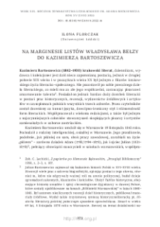 Na marginesie list&oacute;w Władysława Bełzy do Kazimierza Bartoszewicza