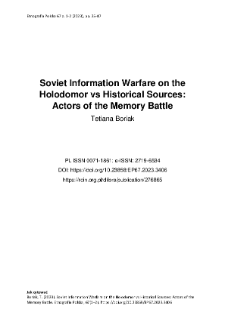 Soviet Information Warfare on the Holodomor vs Historical Sources: Actors of the Memory Battle