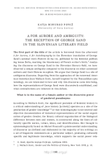 A for Aurore and Ambiguity: The Reception of George Sand in the Slovenian Literary Field