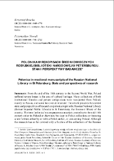 Polonica in medieval manuscripts of the Russian National Library in St Petersburg: State and perspectives of research