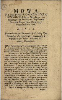 Mowa W. J. Pana Jana Nepomucena Gołembowskiego, Pisarza Ziemskiego Sieradzkiego na Resumpcyi Trybunału Piotrkowskiego Dnia Pierwszego Wrzesnia Roku 1778. Miana