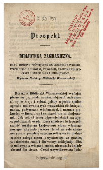 Biblioteka Zagraniczna. Pismo tomowe poświęcone na przekłady wyborowych dzieł z historyi, filozofii ... : Prospekt
