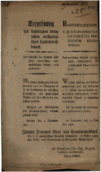 Verordnung des kaiserlichen königlichen westgalizischen Landespräsidiums : Die Einfuhr der fremden jüdischen, hebräischen oder chaldäischen Bücher wird verbothen. [Datum:] Krakau den 5. Dezember 1802 = Rozporządzenie C. K. Zachodnio Galicyiskiego prezydium kraiowego : sprowadzanie obcych żydowskich, hebrayskich lub chaldeyskich książek zabronione. [Datum:] w Krakowie dnia 5. grudnia 1802