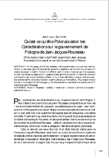 The Qu&rsquo;est-ce qu&rsquo;etre Polonais selon les "Consid&eacute;rations sur le gouvernement de Pologne" de Jean-Jacques Rousseau = What Does It Mean to Be Polish according to Jean-Jacques Rousseau&rsquo;s "Considerations on the Government of Poland"