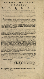 List Pasterski zalecaiący opisanie Fundusz&oacute;w Szpital&oacute;w z podaniem ich Stanu : [Datum] Dan w Warszawie Dnia 14. Sierpnia Roku Pańskiego 1790.