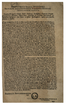 Porphyrius Skarbek Wazynski Ord. S. B. M. humilis Hieromonachus, Congregationis Ruthenorum Protoarchimandrita : [list pasterski w sprawie uroczystości błogosławionego Jozafata Kuncewicza, męczennika] : [Incipit:] Cum exeunte impositi Nobis Officii quadriennio ... : [Datum] Dabantur ... Anno 1776. die 21. Mensis Maji.