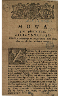 Mowa J. W. Jmci Xiędza Wodzynskiego Biskupa Smolinskiego na Zaczęciu Seymu Roku 1773. Dnia 24. Aprilis. w Senacie miana