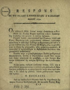 Respons Ze Wsi Na List O Formie Rządu Z Warszawy Pisany 1790