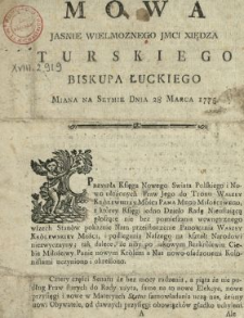 Mowa Jasnie Wielmoznego Jmci Xiędza Turskiego Biskupa Łuckiego Miana Na Seymie Dnia 28. Marca 1775