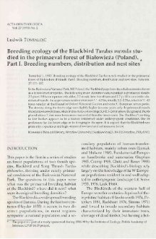 Breeding ecology of the Blackbird Turdus merula studied in the primaeval forest of Białowieża (Poland). 1 Breeding numbers, distribution and nest sites