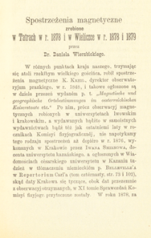 Spostrzeżenia magnetyczne zrobione w Tatrach w r. 1878 i w Wieliczce w r. 1878 i 1879