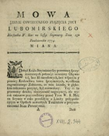 Mowa Jasnie Oswieconego Xiązęcia Jmci Lubomirskiego Marszałka W. Kor. na Sessyi Seymowey Dnia 1go Pazdziernika 1774. Miana