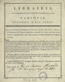 Extrait du grand Catalogue des Frères Gay, Imprimeurs-Libraires à Strasbourg & Vienne en Autriche, contenant les Livres qu'ils ont actuellement en magasin dans cette Ville, évalués en Ducats Hollandois & Florins du Pays