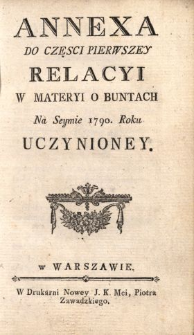 Annexa Do Częsci Pierwszey Relacyi W Materyi O Buntach Na Seymie 1790. Roku Uczynioney