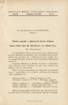 Kurze Notiz &uuml;ber die Hirudineen des Ohrid-Sees = Kr&oacute;tka notatka o pijawkach jeziora Ochryd