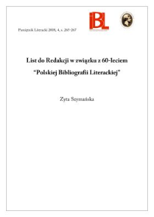 List do Redakcji w związku z 60-leciem „Polskiej Bibliografii Literackiej”