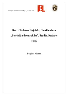 Tadeusz Bujnicki, Sienkiewicza „Powieść z lat dawnych : studia. Kraków 1996
