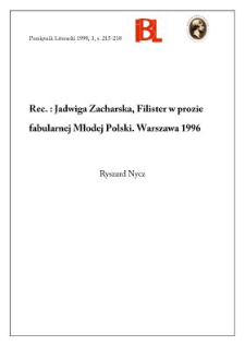 Jadwiga Zacharska, Filister w prozie fabularnej Młodej Polski. Warszawa 1996