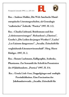 Andreas Mahler, Die Welt in Auerbachs Mund — europäische Literaturgeschichte,als Genealogie „realistischer" Ästhetik [Świat według Auerbacha — historia literatury europejskiej jako genealogia estetyki „realistycznej”]. „Poetica” 1997, H. 1/2.