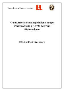 O autorstwie nieznanego imieninowego powinszowania z r. 1794 J&oacute;zefowi Bielawskiemu