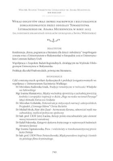 Wykaz odczytów oraz imprez naukowych i kulturalnych zorganizowanych przez oddziały Towarzystwa Literackiego im. Adama Mickiewicza w roku 2015