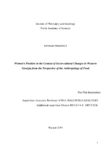 Women's Position in the Context of Socio-cultural Changes in Western Georgia from the Perspective of the Anthropology of Food