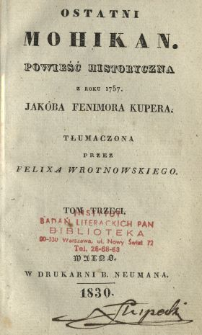 Ostatni Mohikan : powieść historyczna z roku 1757 T. 3