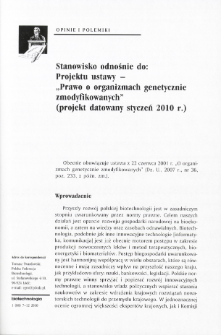 Stanowisko odnośnie do: Projektu ustawy - "Prawo o organizmach genetycznie zmodyfikowanych" (projekt datowany styczeń 2010 r.)