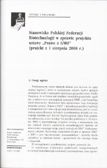 Stanowisko Polskiej Federacji Biotechnologii w sprawie projektu ustawy „Prawo o GMO” (projekt z 1 sierpnia 2008 r.)