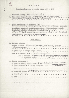 Ankieta : nauki geologiczne w czasie wojny 1939-1945 na nazwisko Sawicki Ludwik : maszynopis oraz dodatek ręcznie pisany na temat publikacji i wybranych fragmentów z życiorysu