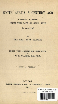 South Africa a century ago : letters written from the Cape of Good Hope (1797-1801)