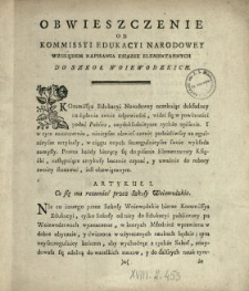 Obwieszczenie Od Kommissyi Edukacyi Narodowey Względem Napisania Ksiązek Elementarnych Do Szkoł Woiewodzkich