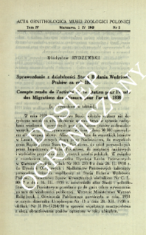 Sprawozdanie z działalności Stacji Badania Wędr&oacute;wek Ptak&oacute;w za rok 1938