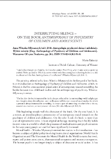 Antropologia psychiatrii dzieci i młodzieży. Wyb&oacute;r tekst&oacute;w [Eng. Anthropology of Psychiatry of Children and Adolescents], Anna Witeska-Młynarczyk (ed.) 2018. Warszawa: Oficyna Naukowa, pp. 364, ISBN 978-83-64363-94-8. : [recenzja]