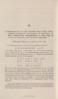 A demonstration of the theorem that every homogeneous quadratic polynomial is reducible by real orthogonal substitutions to the form of a sum of positive and negative squares