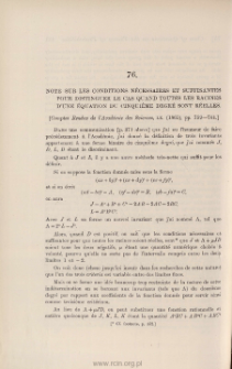 Note sur les conditions nécessaires et suffisantes pour distinguer, le cas quand toute les racines d'une équation du cinquième degré sont réelles