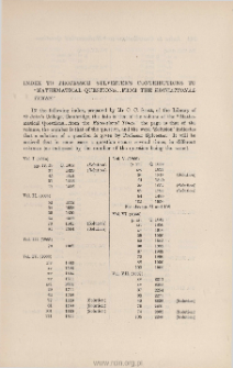 Index to Professor Sylvester's contributions to "Mathematica questions... from The Educational Times"