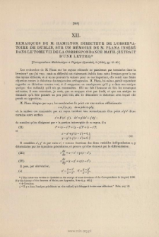 Remarques de M. Hamilton, directeur de l'observatoire de Dublin, sur un mémoire de M. Plana inséré dans le tome VII de la Correspondance Math. (extrait d'une lettre). (1833)