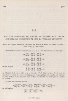 Sur les surfaces divisibles en carr&eacute;s par leurs courbes de courbure et sur la th&eacute;orie de Dupin