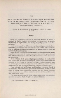 Sur le champ electromagn&eacute;tique engendr&eacute; par la translation uniforme d'une charge &eacute;lectrique parall&egrave;llement &agrave; un plan conducteur ind&eacute;fini. &laquo; Annales de la Facult&eacute; des. Sc. de Toulouse &raquo;, s. 2e, t. IV (1902), pp. 5-44