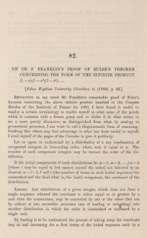 On Dr F. Franklin's proof of Euler's theorem concerning the form of the infinite produck (1-x)(1-x2)(1-x3)...