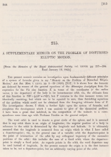 A supplementary memoir on the problem of disturbed elliptic motion