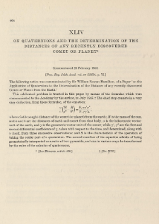 On Quaternions and the determination of the Distances of any recently discovered Comet or Planet (1848)