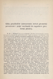 Kilka przykład&oacute;w zastosowania metod gieometriji przestrzeni i pojęć mechaniki do zagadnień gieometrji płaskiej