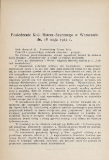Posiedzenie Koła Matem.-fizycznego w Warszawie dn. 18 maja 1912 r.