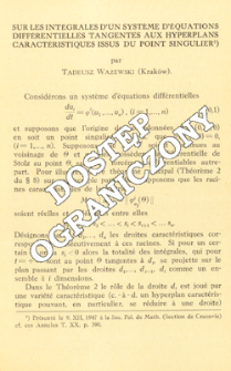 Sur les int&eacute;grales d'un syst&egrave;me d'&eacute;quations diff&eacute;rentielles tangentes aux hyperplans caract&eacute;ristiques issus du point
