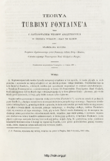 Teorya turbiny Fontaine'a wraz z zastosowaniem wzor&oacute;w analitycznych do obliczania wymiar&oacute;w i pracy tej machiny