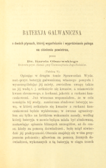 Bateryja galwaniczna o dw&oacute;ch płynach, kt&oacute;r&eacute;j wypełnianie i wypr&oacute;żnianie polega na ciśnieniu powietrza